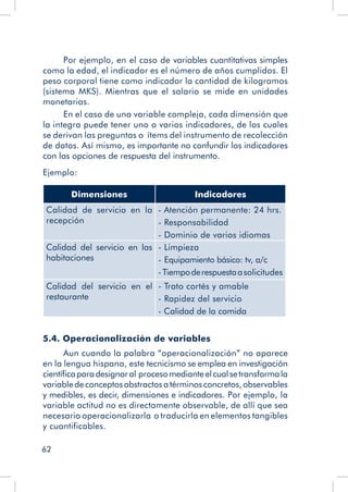 62
Por ejemplo, en el caso de variables cuantitativas simples
como la edad, el indicador es el número de años cumplidos. El
peso corporal tiene como indicador la cantidad de kilogramos
(sistema MKS). Mientras que el salario se mide en unidades
monetarias.
En el caso de una variable compleja, cada dimensión que
la integra puede tener uno o varios indicadores, de los cuales
se derivan las preguntas o ítems del instrumento de recolección
de datos. Así mismo, es importante no confundir los indicadores
con las opciones de respuesta del instrumento.
Ejemplo:
Dimensiones Indicadores
Calidad de servicio en la
recepción
- Atención permanente: 24 hrs.
- Responsabilidad
- Dominio de varios idiomas
Calidad del servicio en las
habitaciones
- Limpieza
- Equipamiento básico: tv, a/c
-Tiempoderespuestaasolicitudes
Calidad del servicio en el
restaurante	
- Trato cortés y amable
- Rapidez del servicio
- Calidad de la comida
5.4. Operacionalización de variables
Aun cuando la palabra “operacionalización” no aparece
en la lengua hispana, este tecnicismo se emplea en investigación
científicaparadesignaral procesomedianteelcualsetransformala
variabledeconceptosabstractosatérminosconcretos,observables
y medibles, es decir, dimensiones e indicadores. Por ejemplo, la
variable actitud no es directamente observable, de allí que sea
necesario operacionalizarla o traducirla en elementos tangibles
y cuantificables.
 