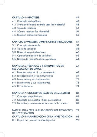 CAPÍTULO 4: HIPÓTESIS 47
4.1. Concepto de hipótesis 47
4.2. ¿Para qué sirven y cuándo usar las hipótesis? 48
4.3. Tipos de hipótesis 51
4.4. ¿Cómo redactar las hipótesis? 54
4.5. Relación problema-hipótesis 55
CAPÍTULO 5: VARIABLES, DIMENSIONES E INDICADORES 57
5.1. Concepto de variable 57
5.2. Tipos de variables 58
5.3. Dimensiones e indicadores 60
5.4. Operacionalización de variables 62
5.5. Niveles de medición de las variables 64
CAPÍTULO 6: TÉCNICAS E INSTRUMENTOS DE
RECOLECCIÓN DE DATOS
67
6.1. Relación entre técnica e instrumento 67
6.2. La observación y sus instrumentos 69
6.3. La encuesta y sus instrumentos 72
6.4. La entrevista y sus instrumentos 73
6.5. El cuestionario 74
CAPÍTULO 7: CONCEPTOS BÁSICOS DE MUESTREO 81
7.1. Concepto de población 81
7.2. Concepto de muestra y tipos de muestreo 83
7.3. Fórmulas para calcular el tamaño de la muestra 87
PARTE II: GUÍA PARA LA ELABORACIÓN DE PROYECTOS
DE INVESTIGACIÓN
91
CAPÍTULO 8: PLANIFICACIÓN DE LA INVESTIGACIÓN 93
8.1. Etapas del proceso de investigación 93
 