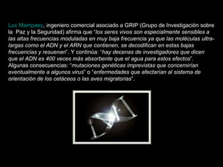 Luc Mampaey , ingeniero comercial asociado a GRIP (Grupo de Investigación sobre la  Paz y la Seguridad) afirma que “ los seres vivos son especialmente sensibles a las altas frecuencias moduladas en muy baja frecuencia ya que las moléculas ultra-largas como el ADN y el ARN que contienen, se decodifican en estas bajas frecuencias y resuenan ”. Y continúa: “ hay decenas de investigadores que dicen que el ADN es 400 veces más absorbente que el agua para estos efectos ”. Algunas consecuencias: “ mutaciones genéticas imprevistas que concernirían eventualmente a algunos virus ” o “ enfermedades que afectarían al sistema de orientación de los cetáceos o las aves migratorias ”.  