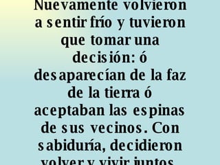 Nuevamente volvieron a sentir frío y tuvieron que tomar una decisión: ó desaparecían de la faz de la tierra ó aceptaban las espinas de sus vecinos. Con sabiduría, decidieron volver y vivir juntos. 