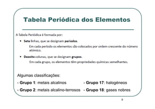 Tabela Periódica dos Elementos




Algumas classificações:
- Grupo 1: metais alcalinos        - Grupo 17: halogéneos
- Grupo 2: metais alcalino-terrosos - Grupo 18: gases nobres

                                                       9
 