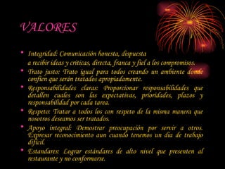 VALORES Integridad: Comunicación honesta, dispuesta  a recibir ideas y criticas, directa, franca y fiel a los compromisos. Trato justo: Trato igual para todos creando un ambiente donde confíen que serán tratados apropiadamente. Responsabilidades claras: Proporcionar responsabilidades que detallen cuales son las expectativas, prioridades, plazos y responsabilidad por cada tarea. Respeto: Tratar a todos los con respeto de la misma manera que nosotros deseamos ser tratados. Apoyo integral: Demostrar preocupación por servir a otros. Expresar reconocimiento aun cuando tenemos un dia de trabajo difícil. Estandares: Lograr estándares de alto nivel que presenten al restaurante y no conformarse. 