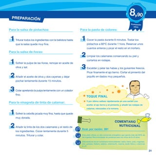 PREPARACIÓN
                                                                                                                           8,90
                                                                                                                             Puntuación
                                                                                                                               niños
Para la salsa de pistachos:                                  Para la pasta de colores:


 1   Triturar todos los ingredientes con la batidora hasta    1     Cocer la pasta durante 8 minutos. Tostar los
     que la salsa quede muy fina.                                   pistachos a 80ºC durante 1 hora. Reservar unos
                                                                    cuantos enteros y picar el resto en el mortero.
Para la salsa de ñoras:
                                                             2      Limpiar los calamares conservando su piel y

 1   Sofreír la pulpa de las ñoras, remojar en aceite de
                                                                    cortarlos en rodajas.

     oliva y sal.                                             3     Escaldar y pelar las habas y los guisantes frescos.
                                                                    Picar finamente el ajo tierno. Cortar el pimiento del
 2   Añadir el aceite de oliva y dos cayenas y dejar                piquillo en dados muy pequeños.
     pochar lentamente durante 15 minutos.


3    Colar apretando la pulpa lentamente con un colador
     fino.
                                                                   TOQUE FINAL
                                                                   Y por último saltear rápidamente en una sartén con
Para la vinagreta de tinta de calamar:
                                                                   aceite: el ajo tierno y el pimiento, y añadir las rodajas de
                                                                   calamar, rebozadas a la romana.

 1   Sofreír la cebolla picada muy fina, hasta que quede
     muy dorada.
                                                                                                        COMENTARIO
 2   Añadir la tinta de los dos calamares y el resto de
                                                              Kcal. por ración: 891
                                                                                                          NUTRICIONAL
     los ingredientes. Cocer lentamente durante 5
     minutos. Triturar y colar.                               Este plato ofrece un alto contenido energético que aporta más del 85% de
                                                              las Ingestas Recomendadas de proteínas para los niños de 6 a 9 años.

                                                              Esta receta es rica en numerosos micronutrientes: calcio, hierro, yodo, magnesio,
                                                              zinc, potasio, fósforo, selenio, vitamina B1, niacina, ácido fólico y vitaminas
                                                              A y E.

                                                                                                                                                  31
 