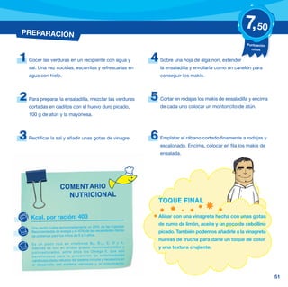 PREPARACIÓN
                                                                                                                 7, 50
                                                                                                                  Puntuación
                                                                                                                    niños


1   Cocer las verduras en un recipiente con agua y                   4   Sobre una hoja de alga nori, extender
    sal. Una vez cocidas, escurrilas y refrescarlas en                   la ensaladilla y enrollarla como un canelón para
    agua con hielo.                                                      conseguir los makis.



2   Para preparar la ensaladilla, mezclar las verduras               5   Cortar en rodajas los makis de ensaladilla y encima
    cortadas en daditos con el huevo duro picado,                        de cada uno colocar un montoncito de atún.
    100 g de atún y la mayonesa.



3   Rectificar la sal y añadir unas gotas de vinagre.                6   Emplatar el rábano cortado finamente a rodajas y
                                                                         escalonado. Encima, colocar en fila los makis de
                                                                         ensalada.




                       COMENTARIO
                         NUTRICIONAL
                                                                         TOQUE FINAL

     Kcal. por ración: 403                                               Aliñar con una vinagreta hecha con unas gotas
                                                                         de zumo de limón, aceite y un poco de cebollino
     Una ración cubre aproximadamente un 20% de las Ingestas
     Recomendadas de energía y el 45% de las necesidades diarias         picado. También podemos añadirle a la vinagreta
     de proteínas para los niños de 6 a 9 años.
                                                                         huevas de trucha para darle un toque de color
     Es un plato rico en vitamina s B 6 , B 1 2 , E, D y A.
     Además es rico en ácidos grasos monoins aturados y                  y una textura crujiente.
     poliinsa turados, entre ellos los Omega- 3, que son
     benefici osos para la prevenc ión de enferme dades
     cardiovasculares, refuerzo del sistema inmune y necesarios en
     el desarroll o del sistema nervioso y el crecimie nto.


                                                                                                                               51
 