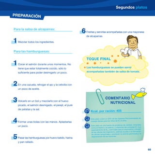 Segundos platos
PREPARACIÓN


Para la salsa de alcaparras:
                                                       6   Freírlas y servirlas acompañadas con una mayonesa
                                                           de alcaparras.

1   Mezclar todos los ingredientes.


Para las hamburguesas:

                                                           TOQUE FINAL
1   Cocer el salmón durante unos momentos. No
                                                           Las hamburguesas se pueden servir
    tiene que estar totalmente cocido, sólo lo
    suficiente para poder desmigarlo un poco.              acompañadas también de salsa de tomate.




2   En una cazuela, rehogar el ajo y la cebolla con
    un poco de aceite.


                                                                                COMENTARIO
3   Volcarlo en un bol y mezclarlo con el huevo
                                                                                  NUTRICIONAL
    picado, el salmón desmigado, el perejil, el puré
    de patatas y la sal.
                                                              Kcal. por ración: 405

                                                              Este plato cubre un 20% de las Ingestas Recomendadas de
4   Formar unas bolas con las manos. Aplastarlas              energía diarias para los niños de 6 a 9 años.

    un poco.                                                   Este plato es una fuente de proteínas de calidad, minerales
                                                               como el fósforo y el selenio; y vitaminas del complejo B, muy
                                                               especialmente de B12, esenciales para el crecimiento y división
                                                               de las células del organismo, además ayudan a la formación
                                                               de células sanguíneas y previenen la anemia perniciosa y la

5   Pasar las hamburguesas por huevo batido, harina
                                                               degeneración de las neuronas.


    y pan rallado.

                                                                                                                                 69
 