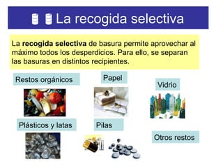  La recogida selectiva   La  recogida selectiva  de basura permite aprovechar al máximo todos los desperdicios. Para ello, se separan las basuras en distintos recipientes. Restos orgánicos Papel  Vidrio  Plásticos y latas  Pilas Otros restos  