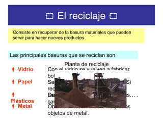    El reciclaje   Consiste en recuperar de la basura materiales que pueden servir para hacer nuevos productos.  Las principales basuras que se reciclan son :    Vidrio Con el vidrio se vuelven a fabricar botellas, vasos, jarras …    Papel Se obtienen cuadernos, folios… Si reciclaramos todo el papel que usamos, salvaríamos una gran cantidad de árboles.    Plásticos De ellos se obtienen bolsas, cajas… .    Metal Obtendremos nuevas latas y otros objetos de metal. Planta de reciclaje 