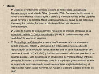 Etapas: 1ª  Desde el levantamiento armado (octubre de 1833)  hasta la muerte de Zumalacarregui  en el sitio de Bilbao (junio de 1835). Domina el territorio vasco-navarro y se extiende hacia Aragón, Cataluña y Valencia fracasa en las capitales vasco-navarra  y en Castilla. María Cristina consigue el apoyo de las potencias liberales y los carlistas fracasan en el sitio de Bilbao, donde muere Zumalacarregui. 2ª  Desde la muerte de Zumalacarregui hasta que se produce el  fracaso de la expedición real de D. Carlos hacia Madrid  (1837). El carlismo se aleja de la posibilidad de vencer en la guerra. 3ª  El  caudillaje de Cabrera  hace que el conflicto se recrudezca ahora en el ámbito aragonés, catalán y valenciano. En el lado isabelino se produce la radicalización de la revolución liberal, mientras que en el carlista aparecen dos posturas apostólicos (radicales)  y transaccionistas (o moderados, proclives a un acuerdo político). Esto desemboca en el  Convenio de Vergara  (1839) entre los generales Espartero y Maroto y que pone fin a la primera guerra carlista, en ella se acuerda la incorporación de los oficiales carlistas al ejército isabelino y el respeto a los fueros vasco-navarros. En Aragón y Cataluña Cabrera se rinde en 1840. 