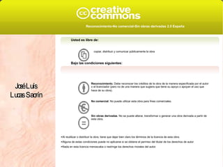 Usted es libre de: copiar, distribuir y comunicar públicamente la obra Bajo las condiciones siguientes: Reconocimiento . Debe reconocer los créditos de la obra de la manera especificada por el autor o el licenciador (pero no de una manera que sugiera que tiene su apoyo o apoyan el uso que hace de su obra).   No comercial . No puede utilizar esta obra para fines comerciales.  Sin obras derivadas . No se puede alterar, transformar o generar una obra derivada a partir de esta obra.  Al reutilizar o distribuir la obra, tiene que dejar bien claro los términos de la licencia de esta obra. Alguna de estas condiciones puede no aplicarse si se obtiene el permiso del titular de los derechos de autor Nada en esta licencia menoscaba o restringe los derechos morales del autor. Reconocimiento-No comercial-Sin obras derivadas 2.5 España   