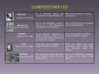 compositors (II) MORALES (Espanya 1500-1553 )   MILLAN  (País Valencià 1500-1565)  Obra.- Les "diferéncias": Guárdame las vacas, Ya se asienta el Rey Ramiro.  Són famoses les seves "diferéncias" per a vihuela o viola de mà sobre temes populars.  NARVAEZ (Espanya 1510- 1555) Obra.- Les misses: Puer natus, lamentacions i Spem in alium i obres com "Variacions sobre Felix namque".  Compongué obres destinades a la litúrgia reformada i a la catòlica.  TALIS (Regne Unit1510-1585)  Obra.- Se'l considera un mestre en l'art de la diferència i la glossa.  Va ser organista i clavecinista de cambra de Carles V i Felip II. Hi ha qui el considera el Bach espanyol pel seu domini del contrapunt.  CABEZÓN (Espanya 1510- 1566) Obra.- "Libro de música de vihuela de mano", titulat El Maestro.  Per la seva personalitat musical i humana, és un dels representants més qualificats del renaixement.  Obra.- Música religiosa: 91 motets, 22 misses, etc.    És el polifonista religiós més universalment conegut del segle XVI   