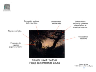 Claseshistoria Historia del Arte © 2006 Guillermo Méndez Zapata Caspar David Friedrich Pareja contemplando la luna Personajes de espaldas (papel secundario) Atardeceres o amaneceres Figuras recortadas Sensación de estatismo Concepción panteísta de la naturaleza Sentido místico del paisaje (pretende reflejar estado de ánimo del individuo) 