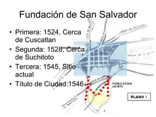 Fundación de San Salvador Primera: 1524, Cerca de Cuscatlan Segunda: 1528, Cerca de Suchitoto Tercera: 1545, Sitio actual Título de Ciudad:1546 