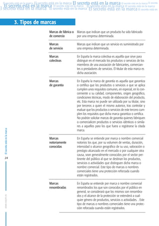 MARCAS-2010.QXD:marcas.QXD

22/2/10

10:07

Página 24

El secreto está en la marca El secreto está en la marca El secreto está en la marca El secreto
El secreto está en la marca El secreto está en la marca El secreto está en la marca El secreto está en la marca
El secreto está en la marca El secreto está en la marca El secreto está en la marca El secreto está en El
El secreto está en la marca

3. Tipos de marcas
Marcas de fábrica o Marcas que indican que un producto ha sido fabricado
de comercio
por una empresa determinada.
Marcas que indican que un servicio es suministrado por
una empresa determinada.

Marcas
colectivas

En España la marca colectiva es aquélla que sirve para
distinguir en el mercado los productos o servicios de los
miembros de una asociación de fabricantes, comerciantes o prestadores de servicios. El titular de esta marca es
dicha asociación.

Marcas
de garantía

En España la marca de garantía es aquella que garantiza
o certifica que los productos o servicios a que se aplica
cumplen unos requisitos comunes, en especial, en lo concerniente a su calidad, componentes, origen geográfico,
condiciones técnicas, modo de elaboración del producto,
etc. Esta marca no puede ser utilizada por su titular, sino
por terceros a quien el mismo autorice, tras controlar y
evaluar que los productos o servicios de este tercero cumplen los requisitos que dicha marca garantiza o certifica.
No podrán solicitar marcas de garantía quienes fabriquen
o comercialicen productos o servicios idénticos o similares a aquellos para los que fuera a registrarse la citada
marca.

Marcas
notoriamente
conocidas

En España se entiende por marca o nombre comercial
notorios los que, por su volumen de ventas, duración,
intensidad o alcance geográfico de su uso, valoración o
prestigio alcanzado en el mercado o por cualquier otra
causa, sean generalmente conocidos por el sector pertinente del público al que se destinan los productos,
servicios o actividades que distinguen dicha marca o
nombre comercial. Este tipo de marcas o nombres
comerciales tiene una protección reforzada cuando
están registrados.

Marcas
renombradas

El secreto está en la marca

Marcas
de servicio

En España se entiende por marca o nombre comercial
renombrados los que son conocidos por el público en
general, se considerará que los mismos son renombrados y el alcance de la protección se extenderá a cualquier género de productos, servicios o actividades. . Este
tipo de marcas o nombres comerciales tiene una protección reforzada cuando están registrados.

www.oepm.es

24

 