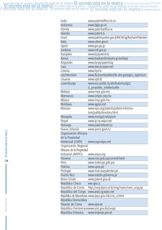 MARCAS-2010.QXD:marcas.QXD

22/2/10

10:07

Página 38

El secreto está en la marca El secreto está en la marca El secreto está en la marca El secreto
El secreto está en la marca El secreto está en la marca El secreto está en la marca El secreto está en la marca
El secreto está en la marca El secreto está en la marca El secreto está en la marca El secreto está en El
El secreto está en la marca

India
Indonesia
Irlanda
Islandia
Israel
Italia
Japón
Jordania
Kazajstán
Kenya
Kirguistán
Laos
Letonia
Liechtenstein
Lituania
Luxemburgo

El secreto está en la marca

Malasia
Marruecos
México
Moldavia
Mónaco

www.oepm.es

38

www.patentoffice.nic.in
www.dgip.go.id
www.patentsoffice.ie
www.patent.is
www.patent.justice.gov.il/MOJEng/RashamPatentim
www.uibm.gov.it
www.jpo.go.jp
www.mit.gov.jo
www.kazpatent.kz
www.tradeandindustry.go.ke/kipi/
www.kyrgyzpatent.kg
www.stea.la.wipo.net
www.lrpv.lv
www.llv.li/amtsstellen/llv-aht-geistiges_eigentum
www.vpb.lt/
www.eco.public.lu/attributions/dg2/
d_propriete_intellectuelle
www.mipc.gov.my
www.ompic.org.ma
www.impi.gob.mx
www.agepi.md
www.epo.org/patents/patent-information/patlib/directory.html
www.mongol.net/ipom
www.ip.np.wipo.net
www.patentstyret.no
www.iponz.govt.nz

Mongolia
Nepal
Noruega
Nueva Zelanda
Organización Africana
de la Propiedad
Intelectual (OAPI)
www.oapi.wipo.net
Organización Regional
Africana de la Propiedad
Industrial (ARIPO)
www.aripo.org
Panamá
www.mici.gob.pa/comintf.html
Perú
www.indecopi.gob.pe/
Polonia
www.uprp.pl/
Portugal
www.marcasepatentes.pt
Puerto Rico
www.estado.gobierno.pr
Reino Unido
www.patent.gov.uk
República Checa
ww.upv.cz
República de Corea http://eng.kipris.or.kr/eng/main/main_eng.jsp
República del Congo www.anpi.cg.wipo.net
República de Macedonia www.ippo.gov.mk/zzis_a.html
República Democrática
Popular de Corea
www.epa.ee
República Dominicanawww.seic.gov.do/onapi
República Eslovaca www.indprop.gov.sk

 