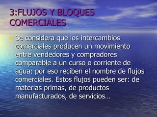 3:FLUJOS Y BLOQUES COMERCIALES Se considera que los intercambios comerciales producen un movimiento entre vendedores y compradores comparable a un curso o corriente de agua; por eso reciben el nombre de flujos comerciales. Estos flujos pueden ser: de materias primas, de productos manufacturados, de servicios… 