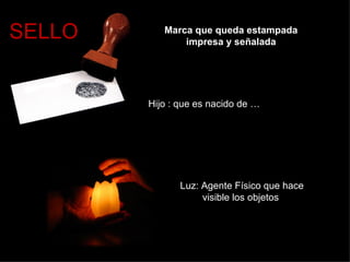 SELLO Marca que queda estampada impresa y señalada Hijo : que es nacido de … Luz: Agente Físico que hace visible los objetos 