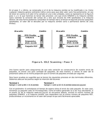 En el paso 3, y último, se comprueba si el id de la máquina zombie se ha modificado o no. Como
cualquier máquina genera suficiente tráfico como para que éste valor varíe frecuentemente, en vez
de tener en cuenta si el valor id ha variado en una o dos unidades, como se representa en la figura 6
paso 1 y 2, lo que haremos es lanzar dos procesos: uno que envía SYN/ACK a la máquina zombie
(para controlar la variación del campo id) y otro que enviará los SYN spoofeados a la máquina
destino. De esta forma podremos comprobar en tiempo real si al lanzar el segundo proceso (paquetes
spoofeados, el valor del id devuelto por la máquina zombie varía o permanece dentro de unos
límites).




Una buena opción para asegurarnos de que esta variación es consecuencia de nuestro envío de
paquetes, es enviar una gran cantidad de paquetes, de esta manera, si vemos el valor del id
presentará saltos en la misma proporción que el número de paquetes enviado por segundo.

Para hacer pruebas es sugerible que se lancen los siguientes procesos en dos terminales diferentes.
Debemos adecuar los puertos según la intención del escaneo:

Terminal 1                               Terminal 2
hping2 -i -u10 -p 80 -r -S -A zombie     hping2 -i -u10 -p 22 -S -A zombie www.xxx.yyy.zzz

Con el parámetro -i controlamos el tiempo de espera entre el envío de cada paquete. En este caso,
enviamos un paquete cada 10 microsegundos. Como el tráfico generado va a ser muy abundante, si
el puerto 22 de la máquina www.xxx.yyy.zzz se encuentra abierto, enviará el mismo número de
paquetes SYN/ACK a la máquina zombie, que responderá con el mismo número de paquetes RST,
produciéndose un incremento en el valor del campo id que será fácilmente apreciable.




                                                132
 