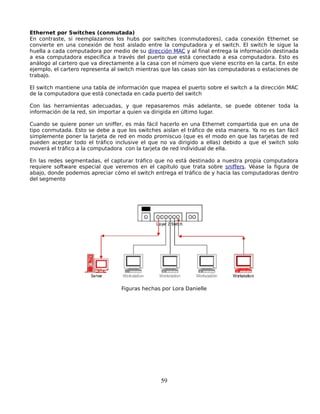 Ethernet por Switches (conmutada)
En contraste, si reemplazamos los hubs por switches (conmutadores), cada conexión Ethernet se
convierte en una conexión de host aislado entre la computadora y el switch. El switch le sigue la
huella a cada computadora por medio de su dirección MAC y al final entrega la información destinada
a esa computadora específica a través del puerto que está conectado a esa computadora. Esto es
análogo al cartero que va directamente a la casa con el número que viene escrito en la carta. En este
ejemplo, el cartero representa al switch mientras que las casas son las computadoras o estaciones de
trabajo.

El switch mantiene una tabla de información que mapea el puerto sobre el switch a la dirección MAC
de la computadora que está conectada en cada puerto del switch

Con las herramientas adecuadas, y que repasaremos más adelante, se puede obtener toda la
información de la red, sin importar a quien va dirigida en último lugar.

Cuando se quiere poner un sniffer, es más fácil hacerlo en una Ethernet compartida que en una de
tipo conmutada. Esto se debe a que los switches aislan el tráfico de esta manera. Ya no es tan fácil
simplemente poner la tarjeta de red en modo promiscuo (que es el modo en que las tarjetas de red
pueden aceptar todo el tráfico inclusive el que no va dirigido a ellas) debido a que el switch solo
moverá el tráfico a la computadora con la tarjeta de red individual de ella.

En las redes segmentadas, el capturar tráfico que no está destinado a nuestra propia computadora
requiere software especial que veremos en el capítulo que trata sobre sniffers. Véase la figura de
abajo, donde podemos apreciar cómo el switch entrega el tráfico de y hacia las computadoras dentro
del segmento




                                  Figuras hechas por Lora Danielle




                                                 59
 