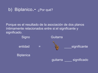 b)  Biplanico .-  ¿Por qué? Porque es el resultado de la asociación de dos planos íntimamente relacionados entre si:el significante y significado. Signo  Guitarra  entidad  =  ____significante  Biplanica guitarra  ____ significado  
