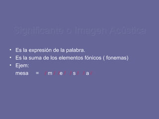 Significante o Imagen Acústica Es la expresión de la palabra. Es la suma de los elementos fónicos ( fonemas) Ejem: mesa  =  /  m  /  / e  /  /  s  /  /  a  / 