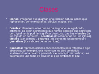 Clases   Iconos:  imágenes que guardan una relación natural con lo que representan, como fotografías, dibujos, mapas, etc.  Señales:  elementos a los que se ha asignado un significado arbitrario, es decir, significan lo que hemos decidido que significan, pero igualmente podrían significar otra cosa. Las hay  visuales  (la luz roja de un semáforo),  acústicas  (las campanas de una iglesia),  táctiles  (dar la mano),  olfativas  (los olores de los perfumes) y  gustativas  (los sabores de las comidas).  Símbolos:  representaciones convencionales para referirse a algo abstracto; por ejemplo, una mujer con los ojos vendados sosteniendo una balanza personifica el concepto de Justicia; una paloma con una rama de olivo en el pico simboliza la paz.  