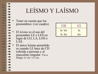 LEÍSMO Y LAÍSMO Tener en cuenta que los pronombres: (ver cuadro) El  leísmo  es el uso del pronombre LE o LES en lugar de LO, LA, LOS o LAS. El único leísmo permitido es cuando LE hace de CD referido a persona y al masculino singular . Vio a Diego:  le  vio /  lo  vio. le les lo  los la  las CI CD 