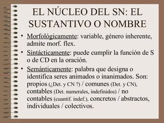 EL NÚCLEO DEL SN: EL SUSTANTIVO O NOMBRE Morfológicamente : variable, género inherente, admite morf. flex. Sintácticamente : puede cumplir la función de S o de CD en la oración. Semánticamente : palabra que designa o identifica seres animados o inanimados. Son: propios   (¿Det. y CN ?)   / comunes   (Det. y CN),   contables   (Det. numerales, indefinidos)   / no contables   (cuantif. indef.),   concretos / abstractos, individuales / colectivos. 