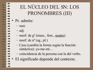 EL NÚCLEO DEL SN: LOS PRONOMBRES (III) Pr. admite:  sust. adj. morf. de gº (masc., fem.,  neutro ) morf. de nº (sg., pl.) Caso (cambia la forma según la función sintáctica): yo-me-mí… coincidencia de la persona con la del verbo. El significado depende del contexto. 