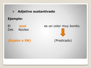  Adjetivo sustantivado 
Ejemplo: 
El azul es un color muy bonito. 
Det. Núcleo 
(Sujeto o SN) (Predicado) 
 