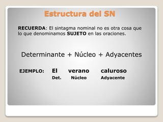 Estructura del SN 
RECUERDA: El sintagma nominal no es otra cosa que 
lo que denominamos SUJETO en las oraciones. 
Determinante + Núcleo + Adyacentes 
EJEMPLO: El verano caluroso 
Det. Núcleo Adyacente 
 