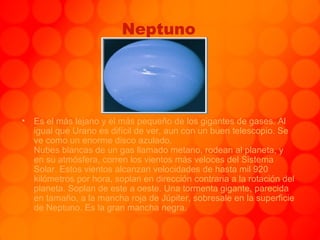Neptuno Es el más lejano y el más pequeño de los gigantes de gases. Al igual que Urano es difícil de ver, aun con un buen telescopio. Se ve como un enorme disco azulado. Nubes blancas de un gas llamado metano, rodean al planeta, y en su atmósfera, corren los vientos más veloces del Sistema Solar. Estos vientos alcanzan velocidades de hasta mil 920 kilómetros por hora, soplan en dirección contraria a la rotación del planeta. Soplan de este a oeste. Una tormenta gigante, parecida en tamaño, a la mancha roja de Júpiter, sobresale en la superficie de Neptuno. Es la gran mancha negra. 