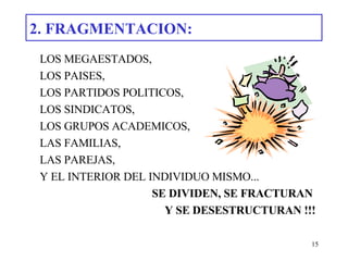 2. FRAGMENTACION: LOS MEGAESTADOS, LOS PAISES, LOS PARTIDOS POLITICOS, LOS SINDICATOS, LOS GRUPOS ACADEMICOS, LAS FAMILIAS, LAS PAREJAS, Y EL INTERIOR DEL INDIVIDUO MISMO... SE DIVIDEN, SE FRACTURAN  Y SE DESESTRUCTURAN !!! 