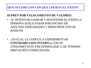 QUE SUCEDE CON LOS QUE LOGRAN EL ÉXITO? SUFREN POR FALSEAMIENTO DE VALORES: AL INTENTAR LOGRAR Y MANTENER EL ÉXITO LA PERSONA SUELE PASAR POR ENCIMA DE AFECTOS, FIDELIDADES Y PRINCIPIOS ÉTICOS BÁSICOS   LO CUAL LE CODUCE A EXPERIMENTAR   CONTRADICCION INTERNA,  CON SU CONCOMITANTE PSICOFISIOLOGICA DE TENSIÓN IRRITACIÓN O DISFUNCION. 