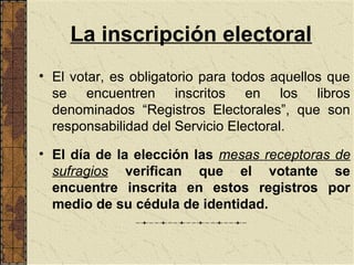 La inscripción electoral
• El votar, es obligatorio para todos aquellos que
  se encuentren inscritos en los libros
  denominados “Registros Electorales”, que son
  responsabilidad del Servicio Electoral.

• El día de la elección las mesas receptoras de
  sufragios verifican que el votante se
  encuentre inscrita en estos registros por
  medio de su cédula de identidad.
 