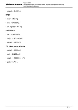 Webscolar
Portal de recursos educativos, tareas, apuntes, monografías, ensayos
http://www.webscolar.com
1 pulgada = 0.0254 m
MASA
1 libra = 0.454 Kg.
1 onza = 0.0283 Kg.
1 ton. inglesa = 907 Kg.
SUPERFICIE
1 pie 2 = 0.0929m^2
1 pulg 2 . = 0.000645m^2
1 yarda 2 = 0.836m^2
VOLUMEN Y CAPACIDAD
1 yarda 3 = 0.765 m^3
1 pie 3 = 0.0283 m^3
1 pulg 3 . = 0.0000164 m^3
1 galón = 3.785 l.
5 / 9
 