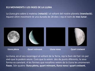 ELS MOVIMENTS I LES FASES DE LA LLUNA

La Lluna gira sobre si mateixa (rotació) i al voltant del nostre planeta (translació).
Aquest últim moviment té una durada de 28 dies i rep el nom de mes lunar.

Lluna plena

Quart minvant

Lluna nova

Quart creixent

La Lluna, en el seu recorregut al voltant de la Terra, rep la llum del Sol i és per
això que la podem veure. Com que la veiem des de punts diferents, la seva
forma va canviant. A les formes que nosaltres veiem de la Lluna les anomenen
Fases. Són quatre: lluna plena, quart minvant, lluna nova i quart creixent.

 