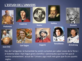 L´ESTUDI DE L´UNIVERS

Copèrnic

Ptolomeo

Joan Oró

Carl Sagan

Kepler

Gagarin

Galileo

Tereshkova

Einstein

Armstrong

Des de l´antiguitat, la humanitat ha sentit curiositat per saber coses de la Terra i
el Sistema Solar i han hagut grans científics i astronautes que han fet que el
nostre coneixement actual de l´Univers sigui molt més gran que fa uns quants
segles.

 