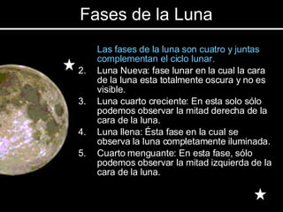 Fases de la Luna Las fases de la luna son cuatro y juntas complementan el ciclo lunar. Luna Nueva: fase lunar en la cual la cara de la luna esta totalmente oscura y no es visible. Luna cuarto creciente: En esta solo sólo podemos observar la mitad derecha de la cara de la luna. Luna llena: Ésta fase en la cual se observa la luna completamente iluminada. Cuarto menguante: En esta fase, sólo podemos observar la mitad izquierda de la cara de la luna. 
