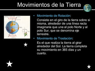 Movimientos de la Tierra Movimiento de Rotación : Consiste en el giro de la tierra sobre si misma, alrededor de una línea recta imaginaria que une al polo Norte y al polo Sur, que se denomina eje terrestre. Movimiento de Traslación : Es el que realiza la tierra al girar alrededor del Sol. La tierra completa su movimiento en 365 días y un cuarto. 