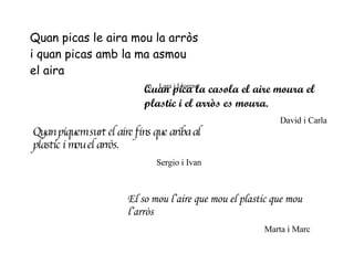 Quan picas le aira mou la arròs i quan picas amb la ma asmou el aira Lara i Llorenç Quan pica la casola el aire moura el plastic i el arròs es moura. David i Carla Quan piquem surt el aire fins que ariba al plastic i mou el arròs. Sergio i Ivan El so mou l’aire que mou el plastic que mou l’arròs Marta i Marc 