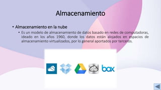 Almacenamiento
• Almacenamiento en la nube
• Es un modelo de almacenamiento de datos basado en redes de computadoras,
ideado en los años 1960, donde los datos están alojados en espacios de
almacenamiento virtualizados, por lo general aportados por terceros.
 