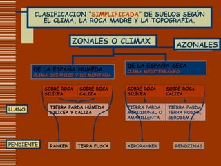 CLASIFICACION “ SIMPLIFICADA ”   DE SUELOS SEGÚN EL CLIMA, LA ROCA MADRE Y LA TOPOGRAFÍA. ZONALES O CLIMAX AZONALES DE LA ESPAÑA HÚMEDA CLIMA OCEÁNICO Y DE MONTAÑA DE LA ESPAÑA SECA CLIMA MEDITERRÁNEO SOBRE ROCA SILÍCEA SOBRE ROCA CALIZA PENDIENTE TIERRA PARDA HÚMEDA SILÍCEA Y CALIZA SOBRE ROCA SILÍCEA SOBRE ROCA CALIZA LLANO RANKER TIERRA PARDA MERIDIONAL O AMARILLENTA TIERRA PARDA, TERRA ROSSA,  SEROSEM... TERRA FUSCA XERORANKER RENDZINAS 