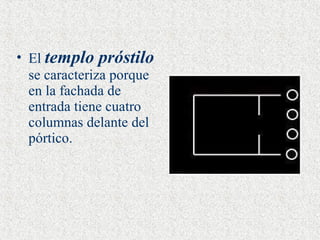 El  templo próstilo  se caracteriza porque en la fachada de entrada tiene cuatro columnas delante del pórtico. 