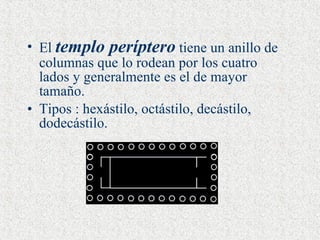 El  templo períptero  tiene un anillo de columnas que lo rodean por los cuatro lados y generalmente es el de mayor tamaño. Tipos  : hexástilo, octástilo, decástilo, dodecástilo. 