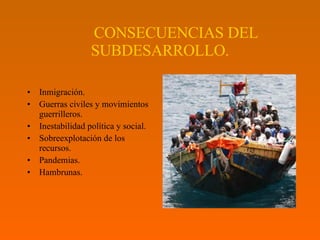 CONSECUENCIAS DEL SUBDESARROLLO. Inmigración . Guerras civiles y movimientos guerrilleros . Inestabilidad política y social.   Sobreexplotación de los recursos . Pandemias . Hambrunas. 