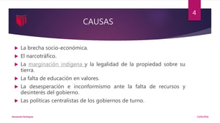 CAUSAS
 La brecha socio-económica.
 El narcotráfico.
 La marginación indígena y la legalidad de la propiedad sobre su
tierra.
 La falta de educación en valores.
 La desesperación e inconformismo ante la falta de recursos y
desinterés del gobierno.
 Las políticas centralistas de los gobiernos de turno.
13/02/2016Alessandra Rodriguez
4
 