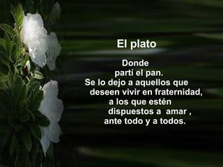 El plato Donde  partí el pan. Se lo dejo a aquellos que  deseen vivir en fraternidad, a los que estén dispuestos a  amar ,  ante todo y a todos. 