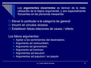 Los  argumentos incorrectos  se derivan de la mala utilización de la lógica argumental, y son especialmente frecuentes en las personas inexpertas Elevar lo particular a la categoría de general Incurrir en círculos viciosos Establecer falsas relaciones de causa- / efecto Los falsos argumentos: Apelar a los sentimientos del destinatario. Argumento ad verecundiam. Argumento ad ignorantiam. Argumento ad hominen. Argumentos ad baculum Argumentos ad populum / ex populo Lic. Carlos Alberto Estrada 