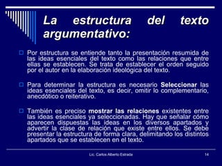 La estructura del texto argumentativo: Por estructura se entiende tanto la presentación resumida de las ideas esenciales del texto como las relaciones que entre ellas se establecen. Se trata de establecer el orden seguido por el autor en la elaboración ideológica del texto.  Para determinar la estructura es necesario  Seleccionar  las ideas esenciales del texto, es decir, omitir lo complementario, anecdótico o reiterativo.  También es preciso  mostrar las relaciones  existentes entre las ideas esenciales ya seleccionadas. Hay que señalar cómo aparecen dispuestas las ideas en los diversos apartados y advertir la clase de relación que existe entre ellos. Se debe presentar la estructura de forma clara, delimitando los distintos apartados que se establecen en el texto.  Lic. Carlos Alberto Estrada 