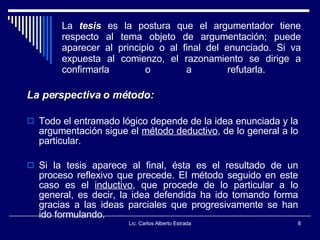 La   tesis  es la postura que el argumentador tiene respecto al tema objeto de argumentación; puede aparecer al principio o al final del enunciado. Si va expuesta al comienzo, el razonamiento se dirige a confirmarla o a refutarla.   La perspectiva o método: Todo el entramado lógico depende de la idea enunciada y la argumentación sigue el  método deductivo , de lo general a lo particular.  Si la tesis aparece al final, ésta es el resultado de un proceso reflexivo que precede. El método seguido en este caso es el  inductivo , que procede de lo particular a lo general, es decir, la idea defendida ha ido tomando forma gracias a las ideas parciales que progresivamente se han ido formulando.  Lic. Carlos Alberto Estrada 